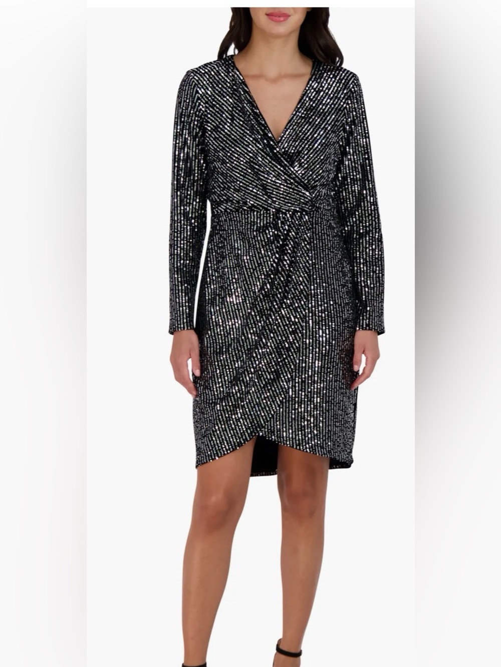 Julia Jordan Velvet Sequin Long Sleeve Faux Wrap Dress